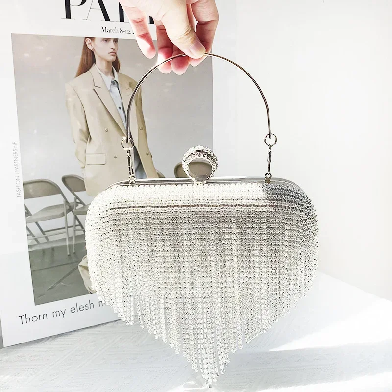 Goldlen Crystal Tassels Evening Bags Women's One Side Beading Blingbling Handbag Ladies Formal Wedding Party Clutch Purse