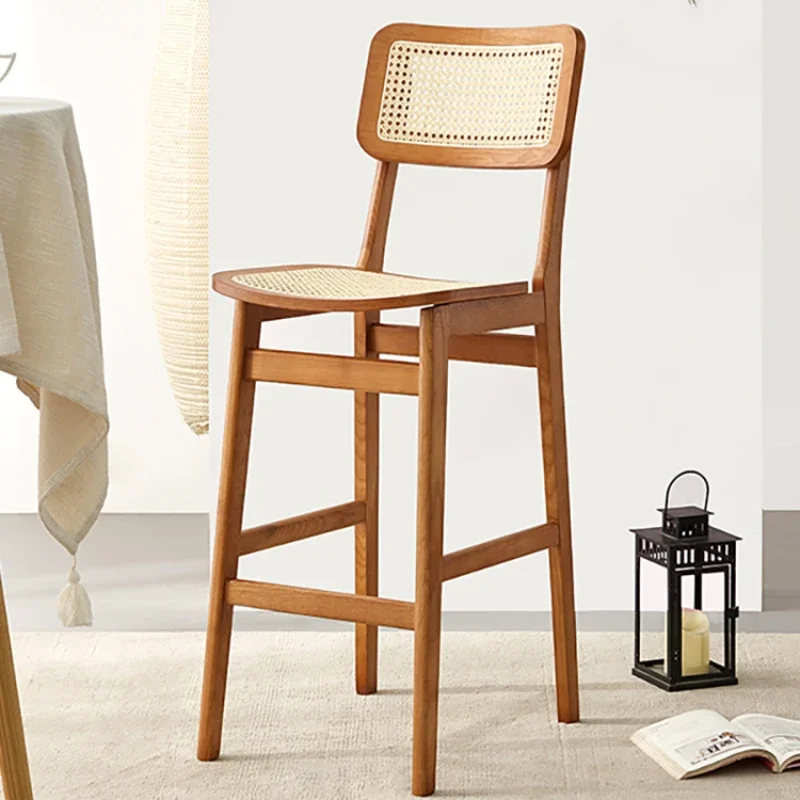 

Nordic Rattan Woven Solid Wood Bar Stool Commercial Designer Backrest High Chair Medieval Island Homestay Home Furniture