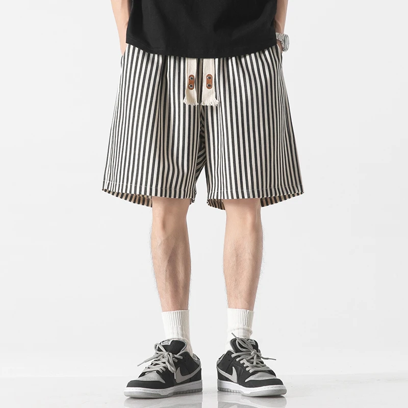 Korean Simplicity Summer Casual Shorts Men\'s Striped Elastic Waist Drawstring Pockets Youthful Vitality Loose Knee Length Pants