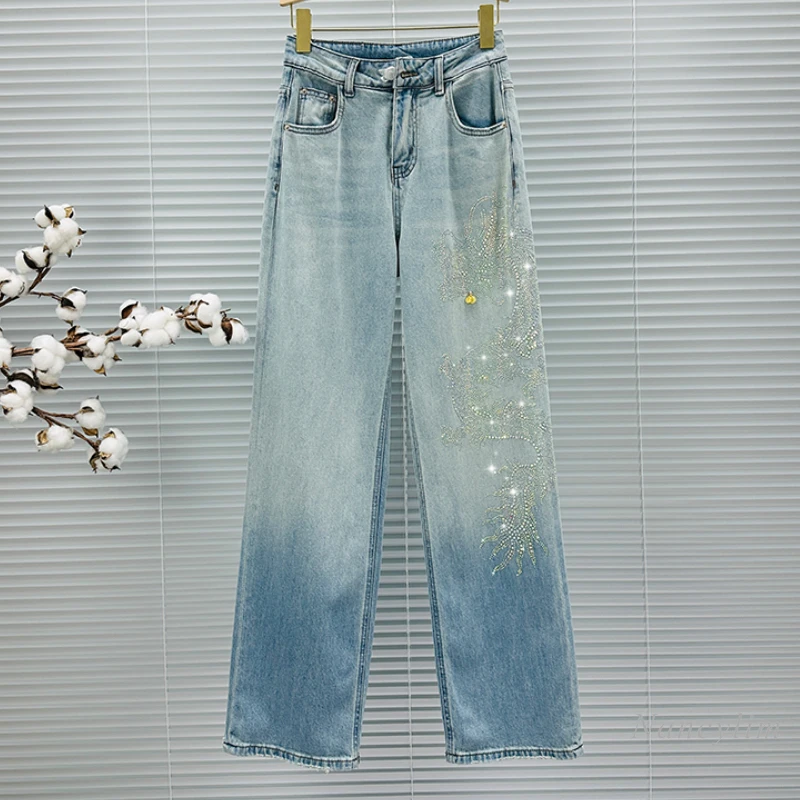 2024 Dragon Year Rhinestone Wide-Leg Jeans Women's Denim Trousers New Spring and Summer High Waist Loose Long Mop Pants