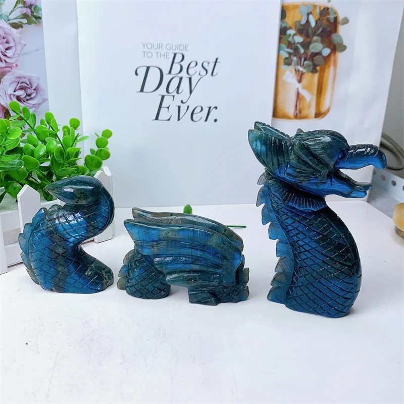 Natural Labradorite Spliced Dragon Crystal Carving Crafts Fashion Healing Home Decoration Powerful Animal Energy Gift 1pcs