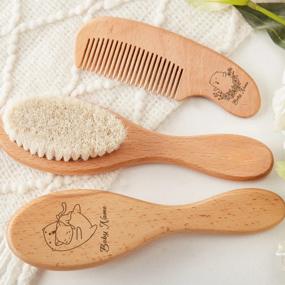 Custom Wooden Baby Hair Brush Children\'s Small Comb Natural Soft Hair Newborn Hair Brush Head Massager Baby Wool Brush