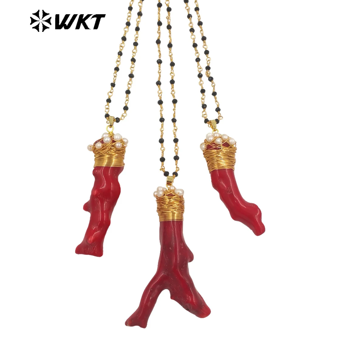 WT-JN236 Wholesale Fashion Natural Gold Red Coral Necklace Randomly Shape Black Rosary Beads Wire Wraped Pendant For Women Gift