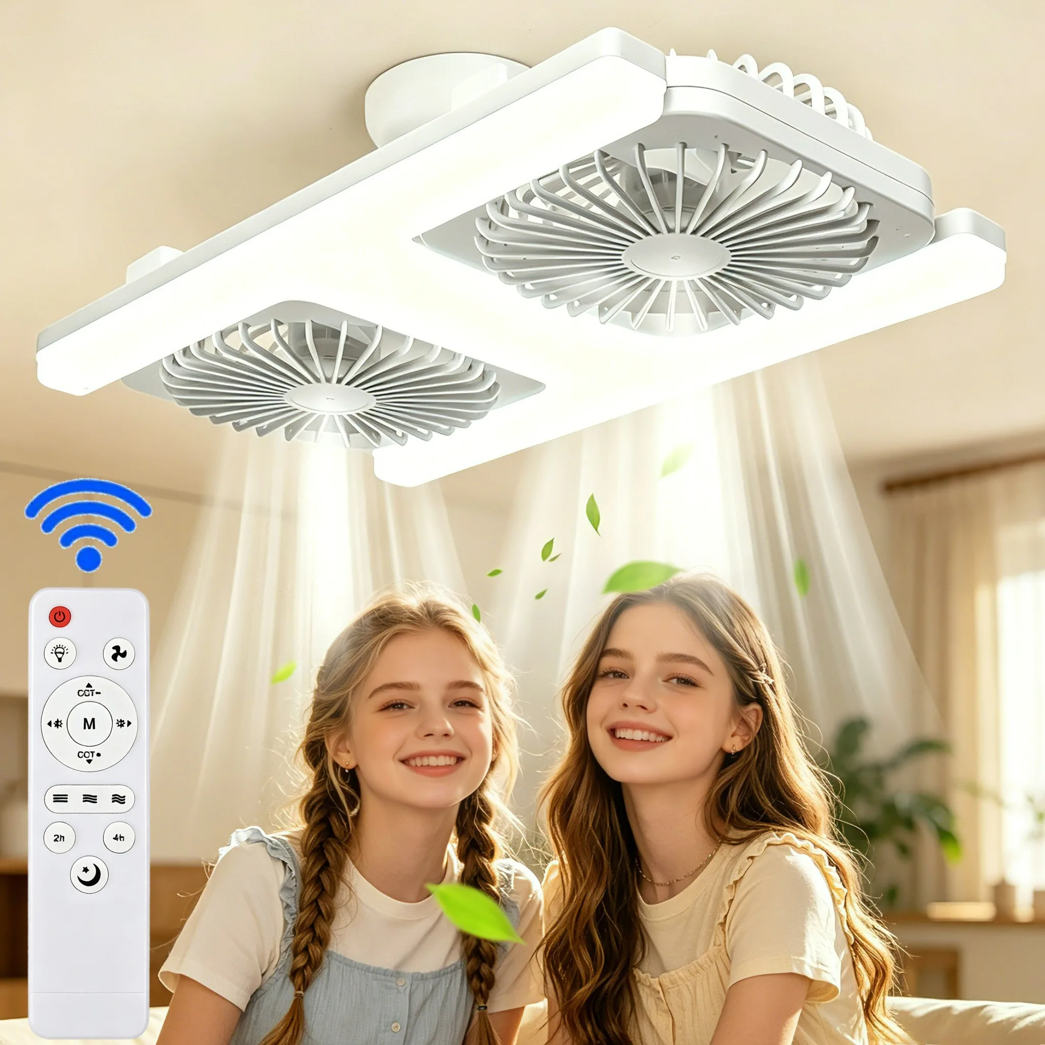E27 Ceiling Fan Light Dual Head Adjustable Angle with Remote Control Super Strong Airflow Silent for Bedroom Dining Room Patio