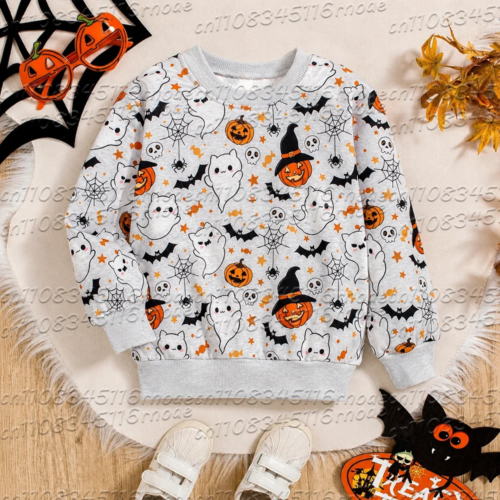 Autumn/Winter Halloween Preschool Boys' Clothing Top Ghost Pumpkin Bat Printed Round Neck Warm Long Sleeve Hoodie