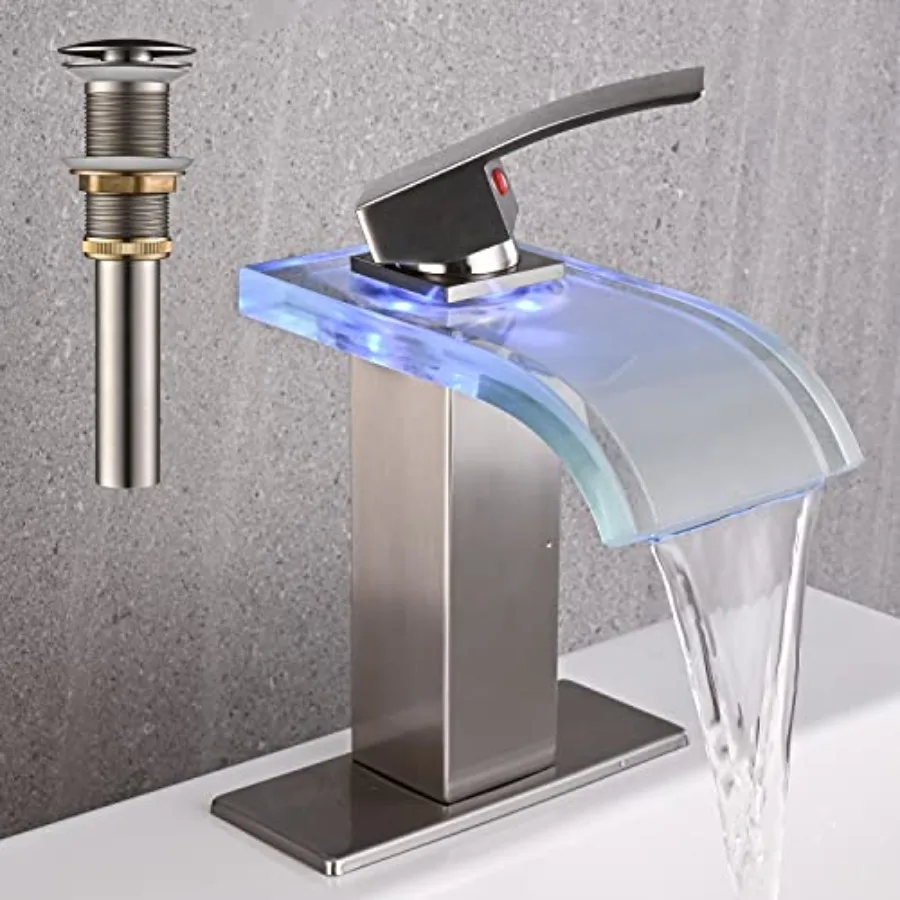 

LED Bathroom Sink Faucet, Waterfall Single Hole Handle Vanity Faucets for Sinks 1 Hole with Metal Pop Up Drain and 2 Water Supp