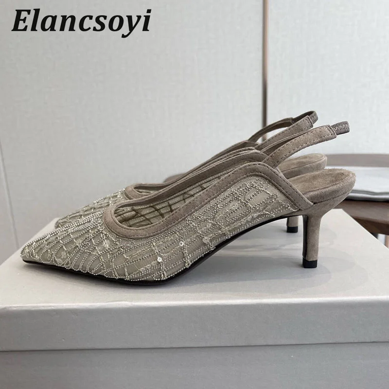 High Heels Sandals Women Mesh Metal String Bead Pointed Toe Back Strap Stiletto Sandalias Summer Fashion Party Dress Shoes