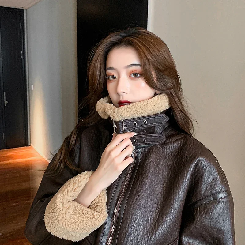 2023 New Women Fashion Thick Warm Faux Leather Shearling Jacket Coat Vintage Loong Sleeve Flap Pocket Female Outerwear Chic Tops