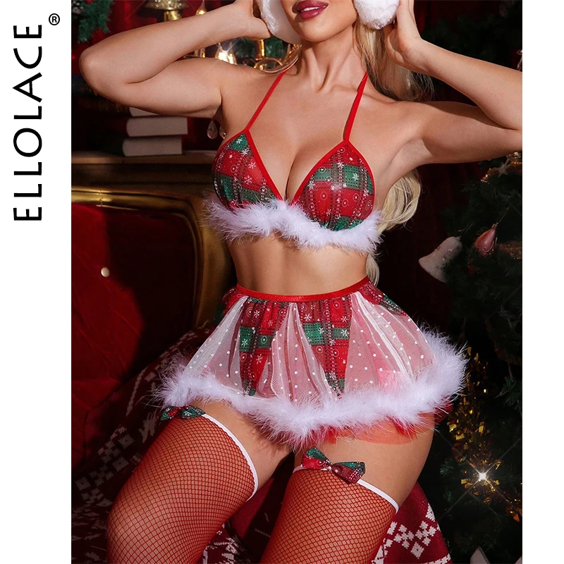 

Ellolace Christmas Sexy Lingerie Innocent Fluffy Bra Skirt 2PC with Stockings Festival Intimate Dot Mesh Women's Underwear