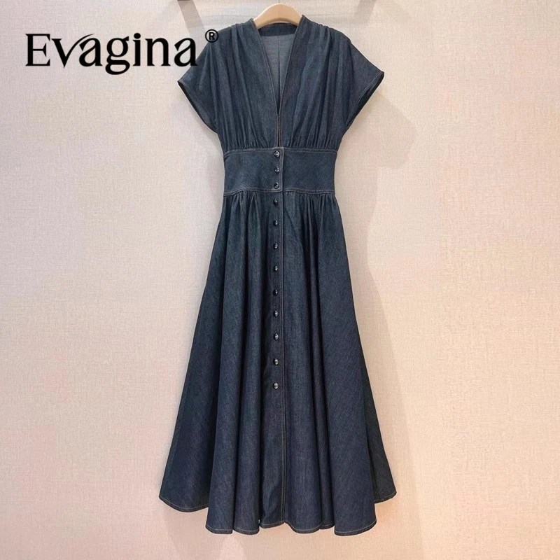 

Evagina Fashion Design New Women's Style Deep V-neck Single breasted Cowboy Flying Sleeves Slimming Wrinkle Large Swing Dress