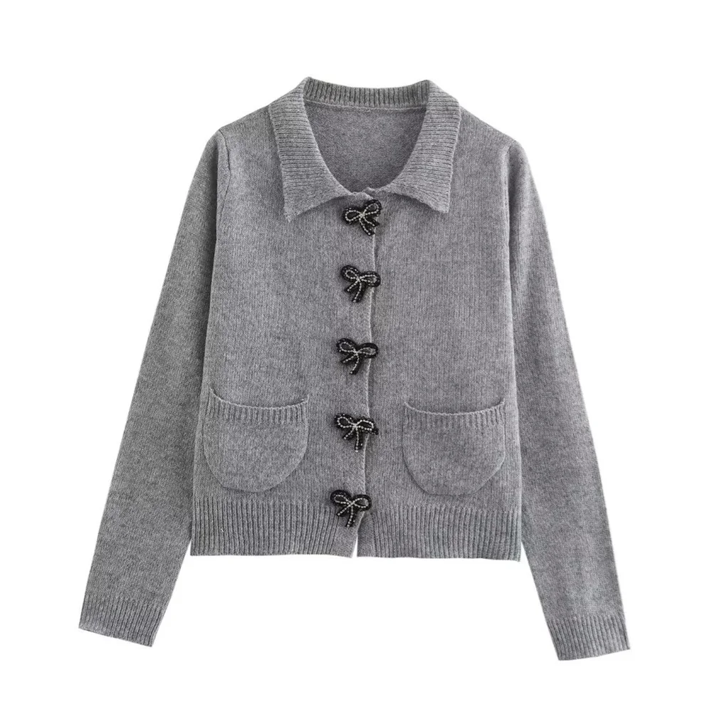 Taop&Za Autumn New Women's Fashion and Casual Versatile Round Neck Long Sleeve Bow Buckle Knitted Cardigan Coat