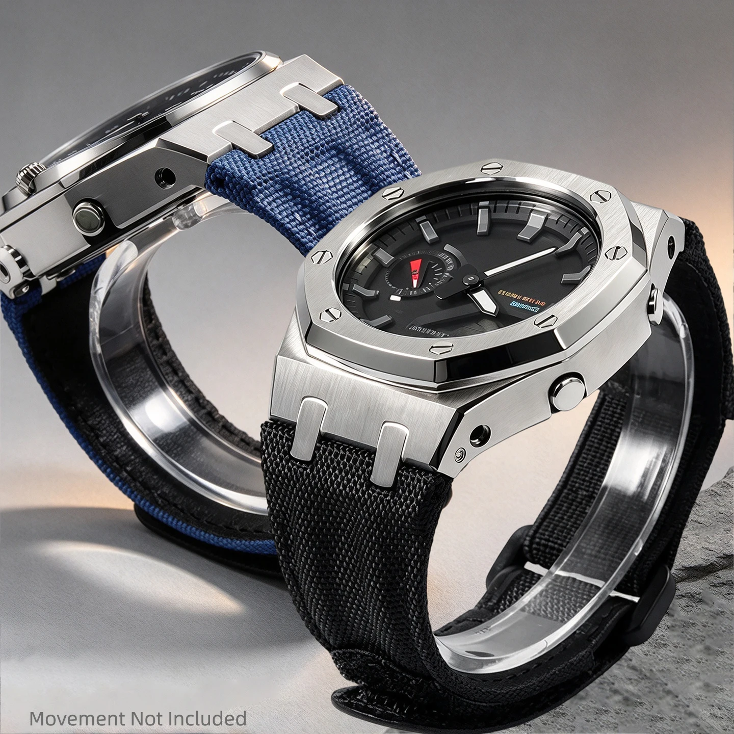 CasiOak Mod Kit for Men Women, Stainless Steel Metal Case + Canvas Nylon Hook Loop Strap for GA-2100 GMA-S2100 GBM2100 GM2100