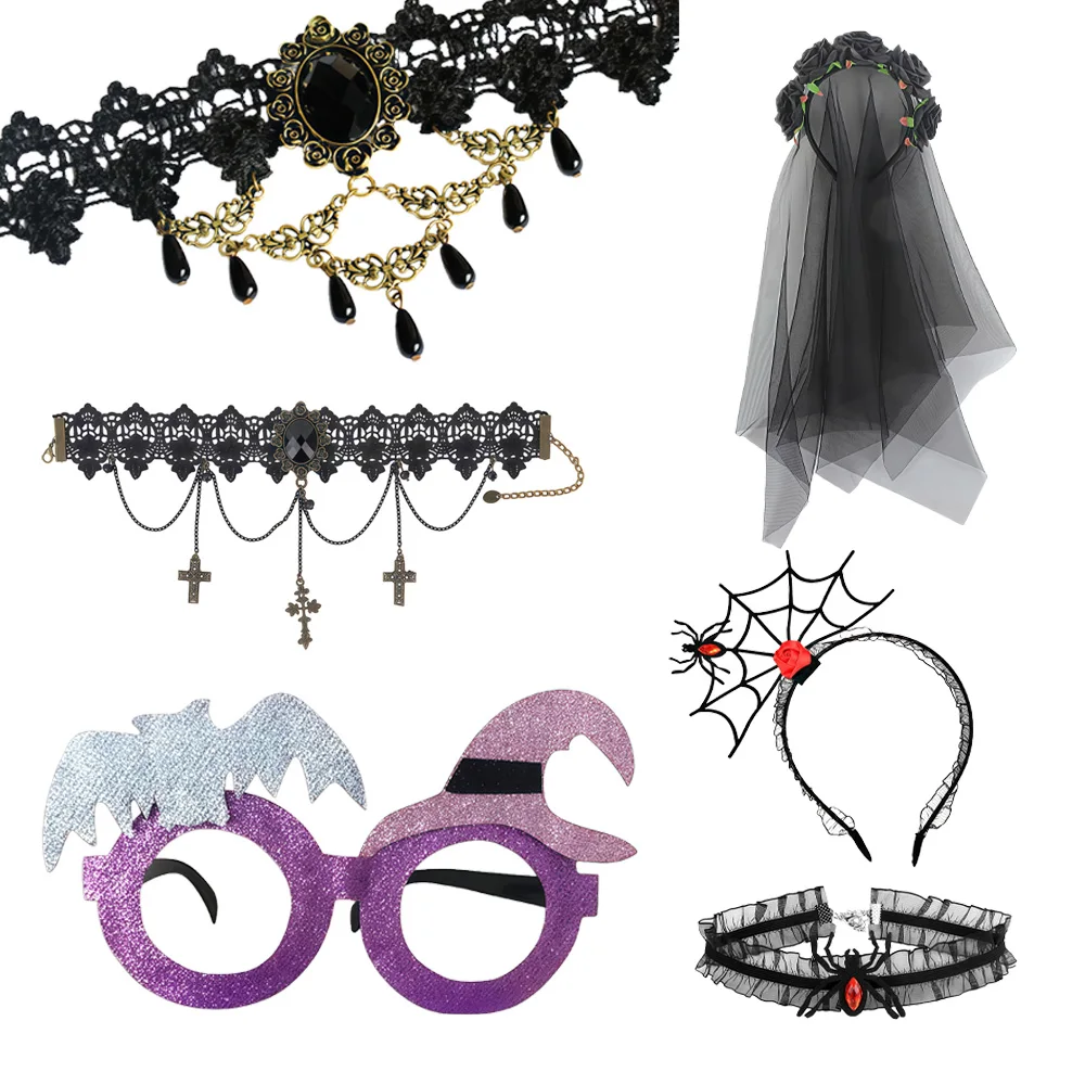 

Halloween Spider Web Headband with Lace Necklace & Halloween Lace Bracelet | Halloween Cosplay Party Dress Up Accessories