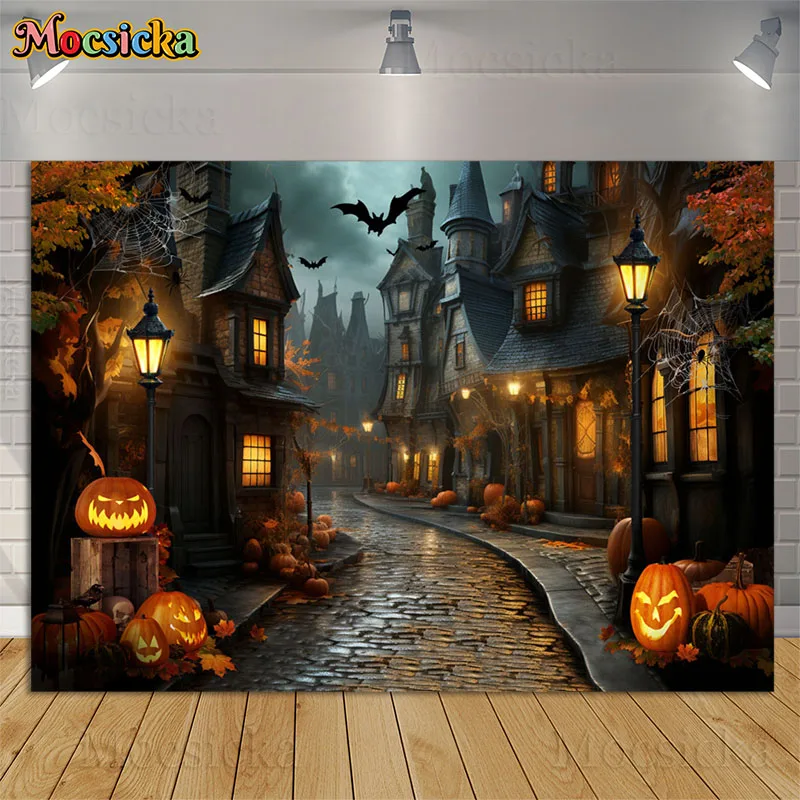 

Halloween Street Photography Backdrop Horror Castle Fall Pumpkin Holiday Decor Props Kids Birthday Portrait Background Photocall