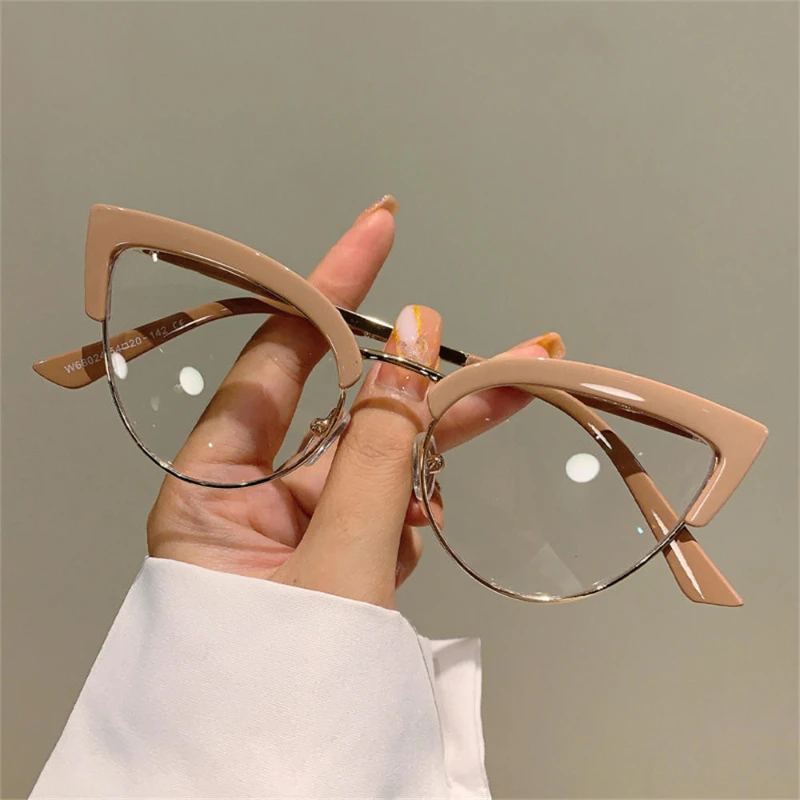 New Vintage Cat Eye Glasses Frame New Stylish Semi Metal Rim Women Eyewear Trendy Brand Design Non-prescription Eyeglasses Очки