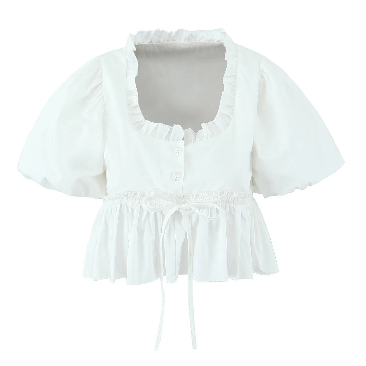 ファイオナブル レディース バブルスリーブ ドレス ドローストリング付き ノットウッド フリル装飾 サマー新作