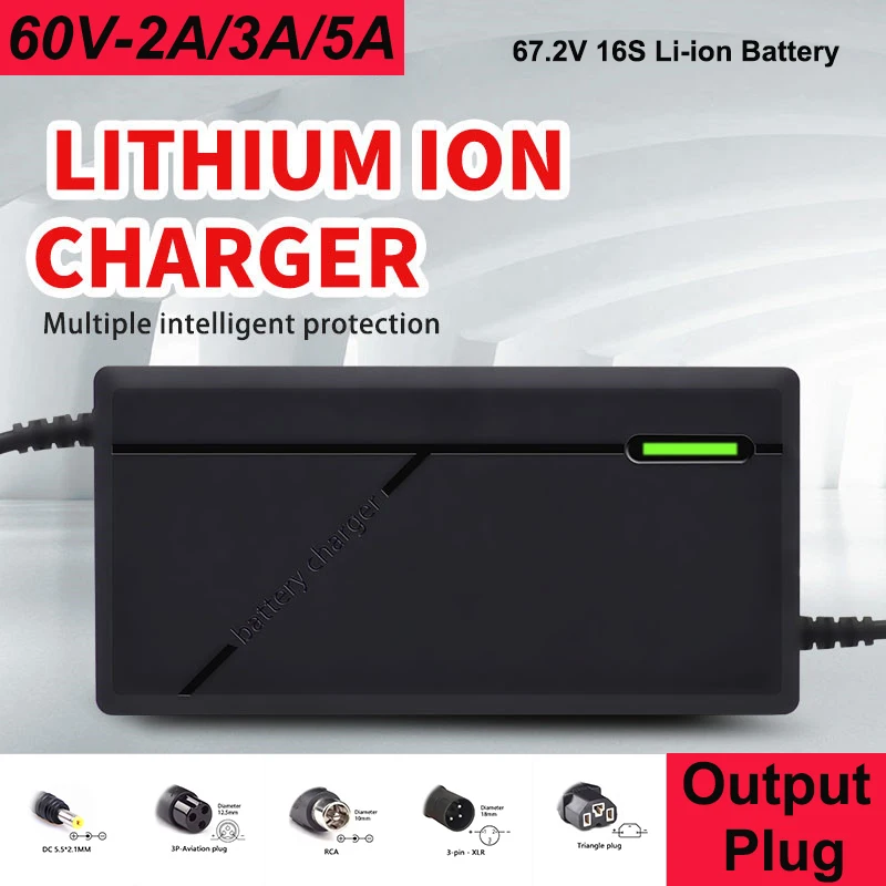 เครื่องชาร์จแบตเตอรี่ Li-ion 60V 16S 67.2V 3A 2A 5A ชาร์จเร็วอัจฉริยะสำหรับ110V-240V eu/us/uk/au