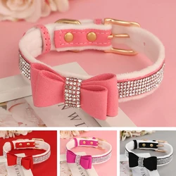 Warm Fur Dog Bow Collar Suede Leather Puppy Dogs Collars Rhinestone Bowtie Pet Necklace for Small Medium Dogs Cats Chihuahua