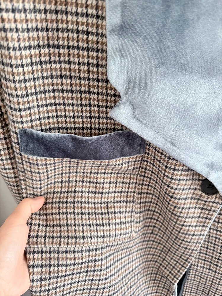 autumn new European and American style fashionable niche temperament pocket decoration plaid woolen coat