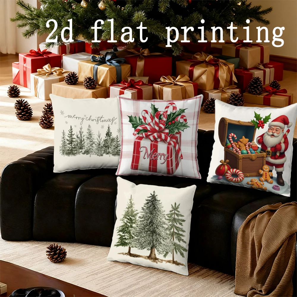 Home Decor Christmas Themed Pillow Covers with Santa & Trees Pattern Cushion Cover Suitable for Sofa Bedroom Car Pillow Cover