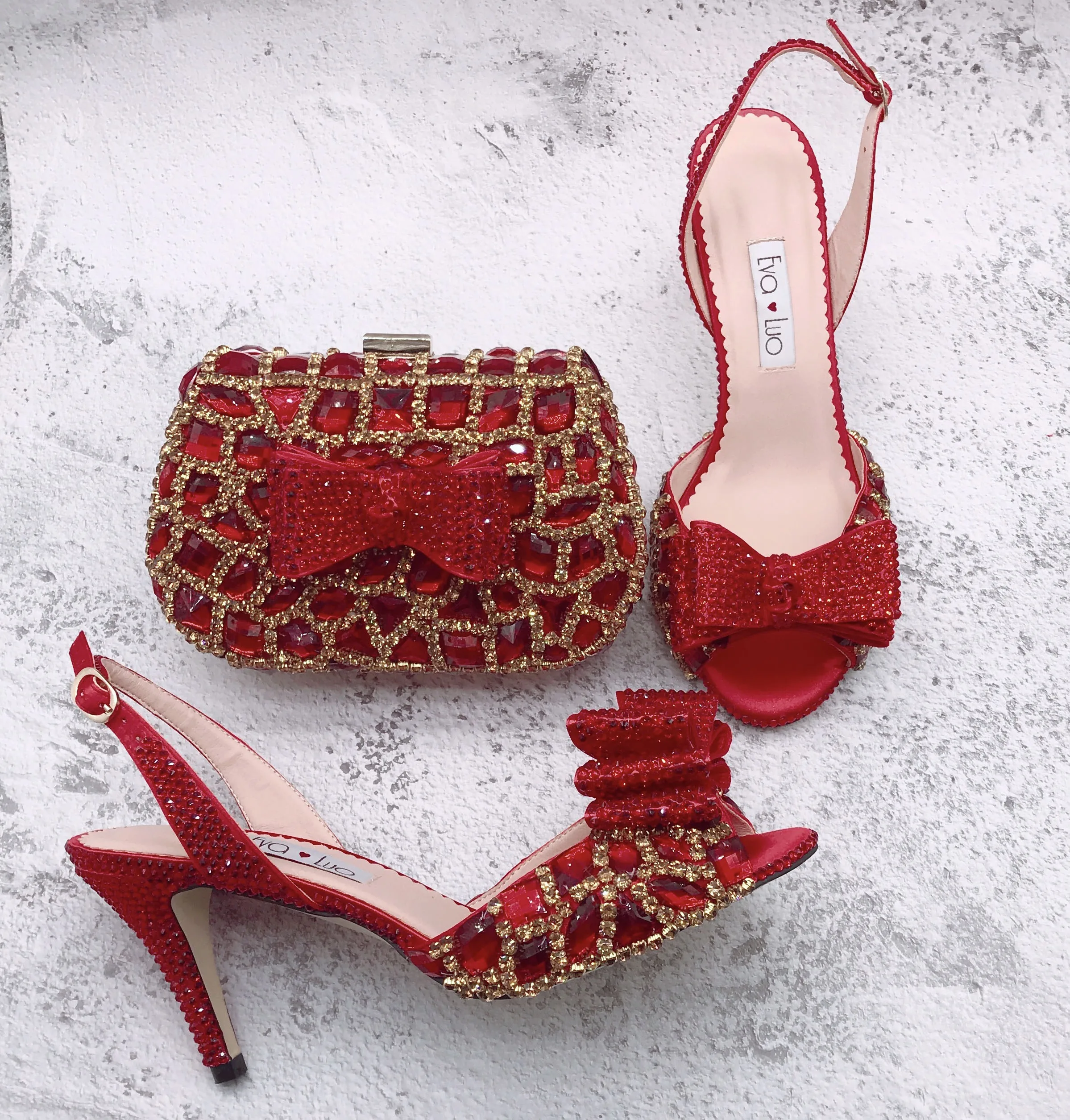 BS1556 Customizable Various Heel Height Women Bridal wedding Shoes Red Gold Crystal Shoes with Matching Bags Set