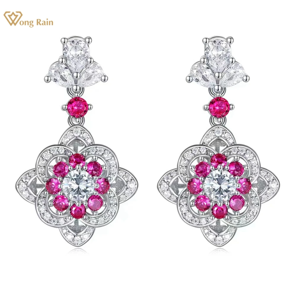 

Wong Rain 100% 925 Sterling Silver 5MM Round Cut Lab Sapphire Ruby High Carbon Diamond Gemstone Drop Earrings Party Fine Jewelry