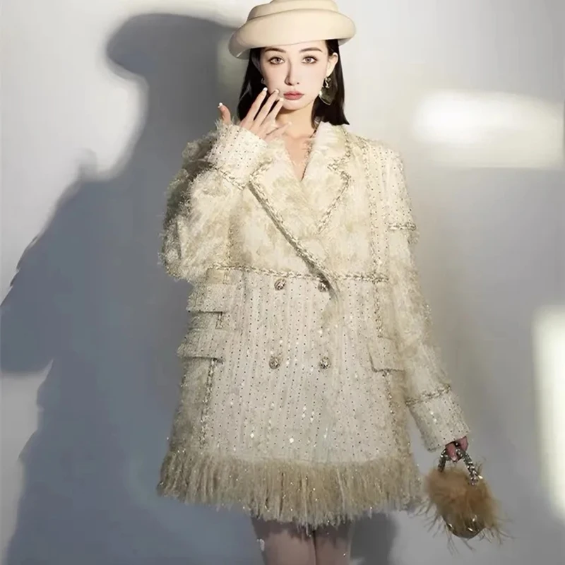 Spring High Elegant Pearls Tassels Buttons Crop Jacket Women Korean Fashion Tweed Coat Womans Pockets Chic Short Coats Female