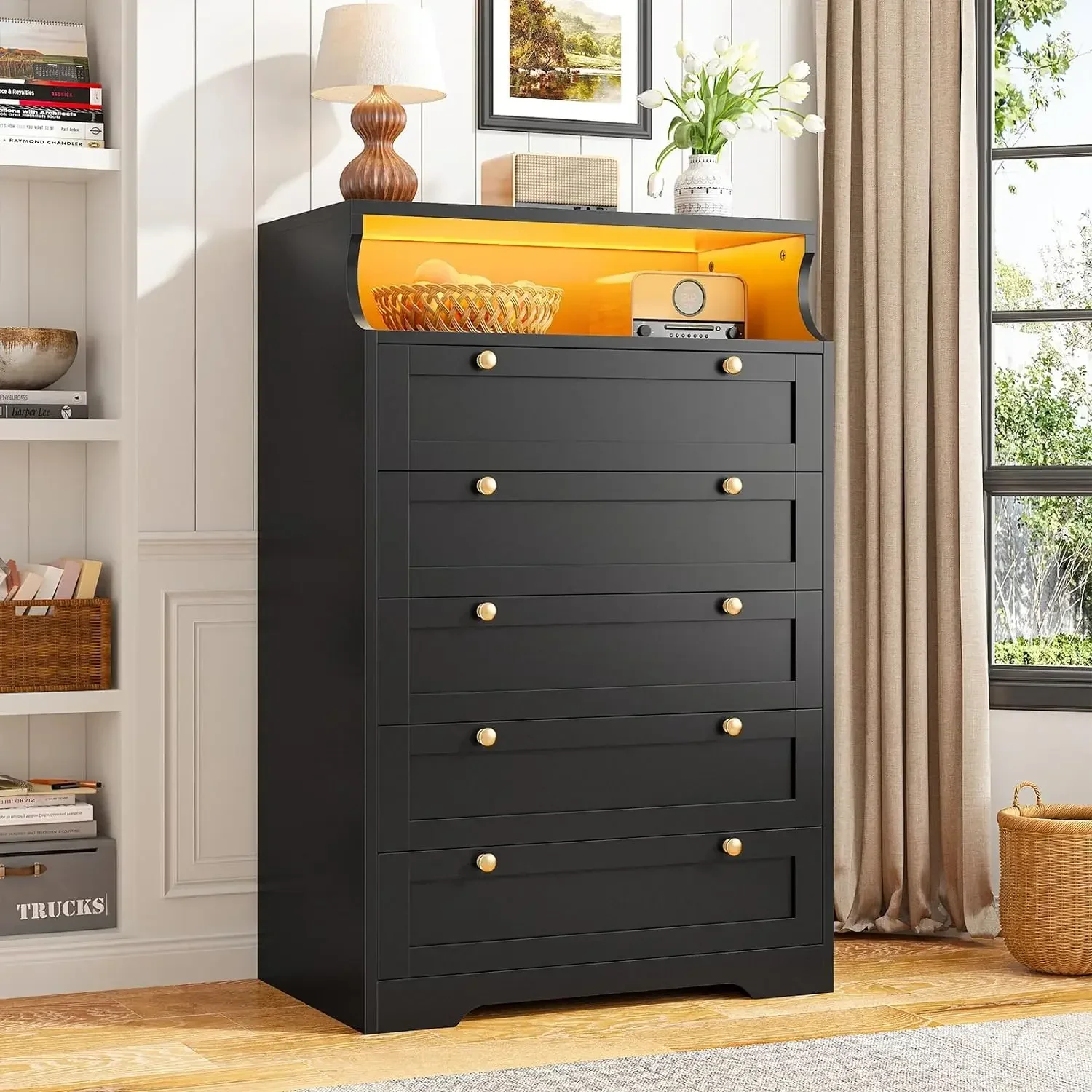 A Dresser for Bedroom with LED, Bedroom Dressers & Chests of Drawers, Tall Dresser with 5 Wood Drawers and Metal Handles 48.4