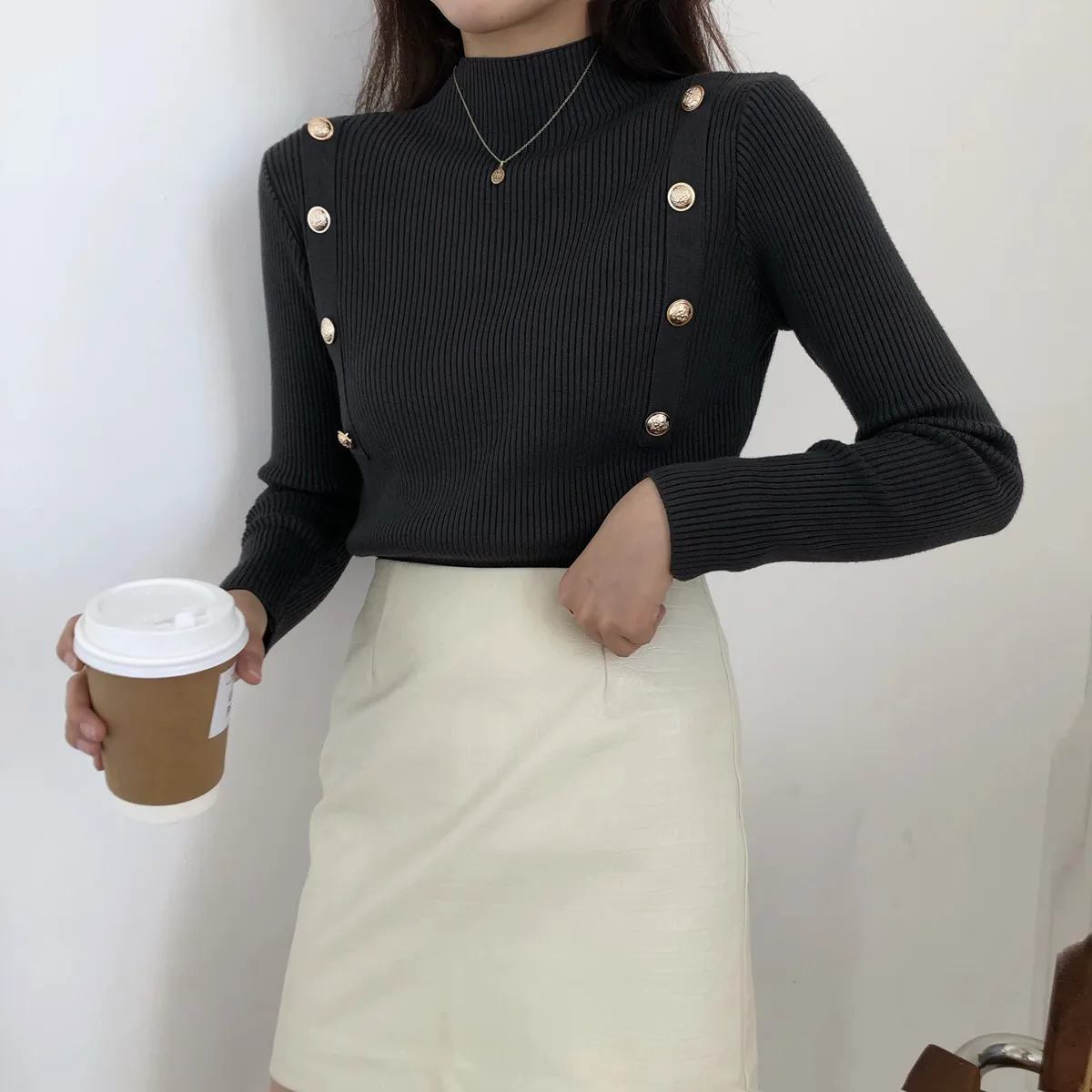 Retro Frühling Herbst frauen Button up Basis irt Slim Fit Strickwaren f Hohe Kragen Trendy Design Innere Tragen Casual Sle