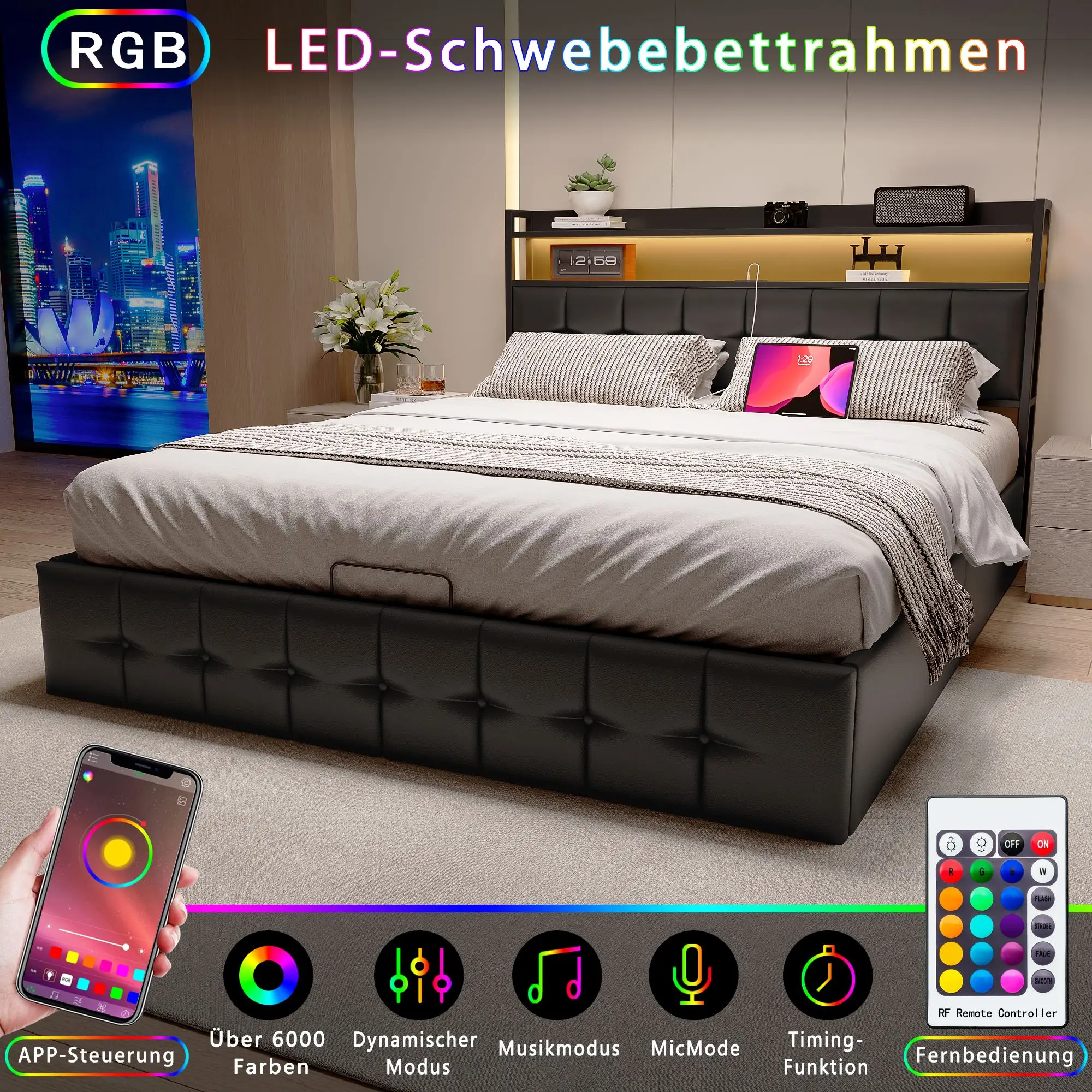 Comanlai 140x190cm Doppelbett-Gestell mit Polsterung, Pneumatischer Stauraum, LED-Beleuchtung, Ladeanschluss am Bett und Stauraum – Detail 3