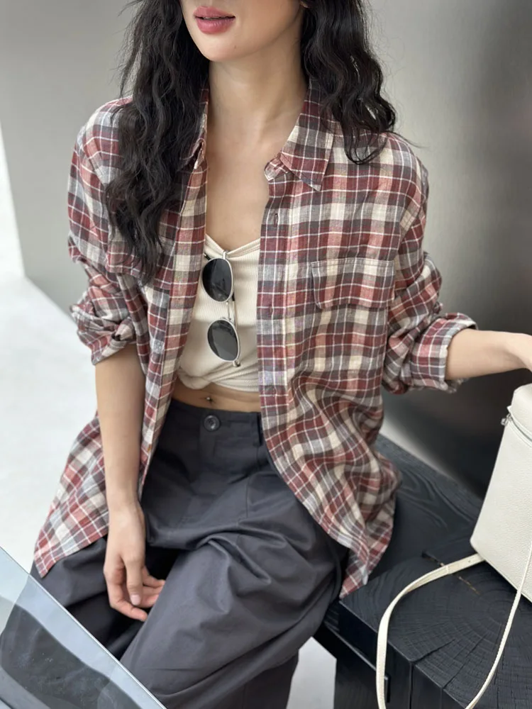 

Bodhl Мягкий льняной клетчатый кардиган Lazy Sle, индивидуальный открытый кардиган средней длины, приятный для кожи, дышащий, уличный, женский, irt