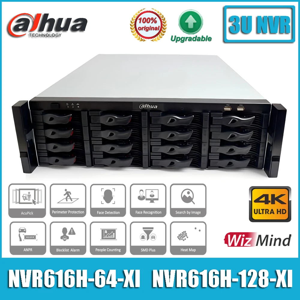 Original Dahua NVR616H-64-XI, NVR616H-128-XI 64/128CH 3U 16HDDs EPTZ ANPR AcuPick NVR WizMind Network Video Recorder Without POE