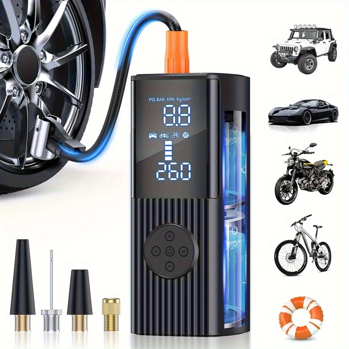 

Portable Tire Inflator with Digital Pressure Gauge | 180 PSI, Rechargeable Battery, LED Light, Cordless, Suitable for Cars, Motorcycles, Bicycles, and Balls