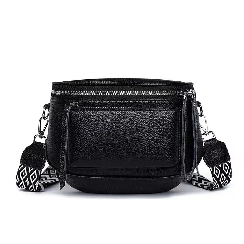 High Quality Genuine Leather Wide Stripe Small Shoulder Bag Women Cross Body Chest Bag Cowhide Leather Vintage Female Waist Pack