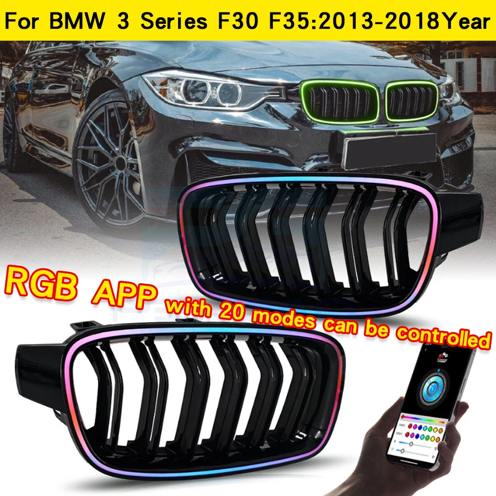 

With RGB White LED Light For Bmw 3 Series F30 F35 2012-2019 Gloss Black Front Sporty Racing Double Slat Grille Bumper Modified