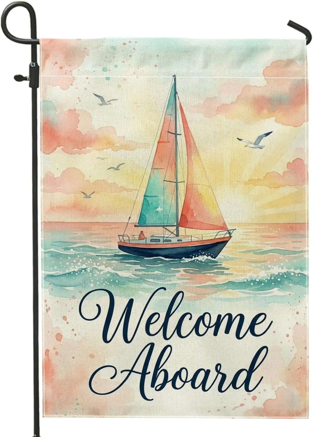 Sailboat Garden Flag, Nautical Watercolor Ocean Sunset Summer Blue Burlap Double Sided Decorative Outside Flags for Outdoor  yyi