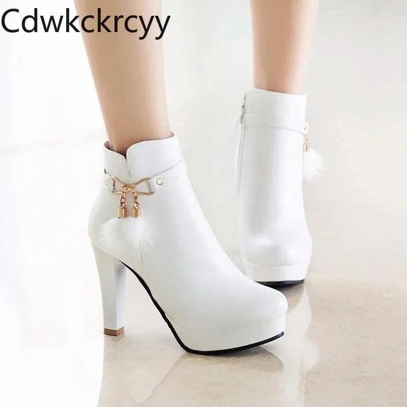 winter The New fashion Round head Thick heel 11CM boots white sweet Bow Plus velvet Keep warm High heel Women boots 34-43