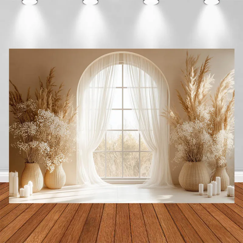 

LS Memorial Day Photography Background Bohemian Arch Window Curtains Pampas Grass Decor Adult Portrait Photo Backdrop Studio