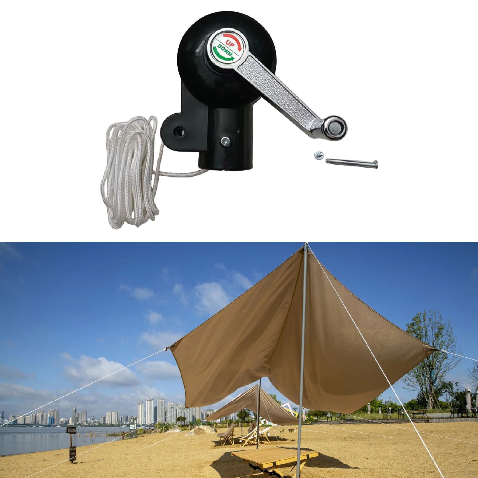 Patio Umbrella Accessories Parasol Crank Handle Hand Crank Heavy Duty Holder with Rope Handle Arm for Backyard Beach Balcony