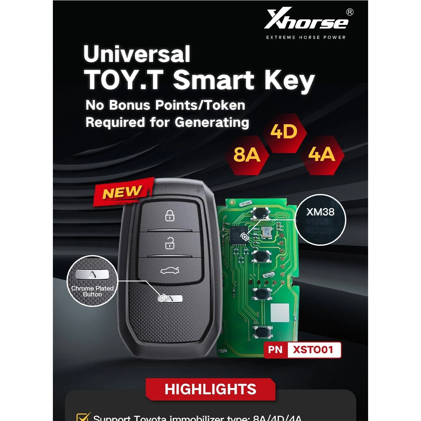 Брелок XSTO01EN Xhorse VVDI XM38, умный ключ для Toyota 4D 8A 4A, поддержка 312/314/315/434 МГц, универсальный ключ, генерируемый vvdi Key Tool