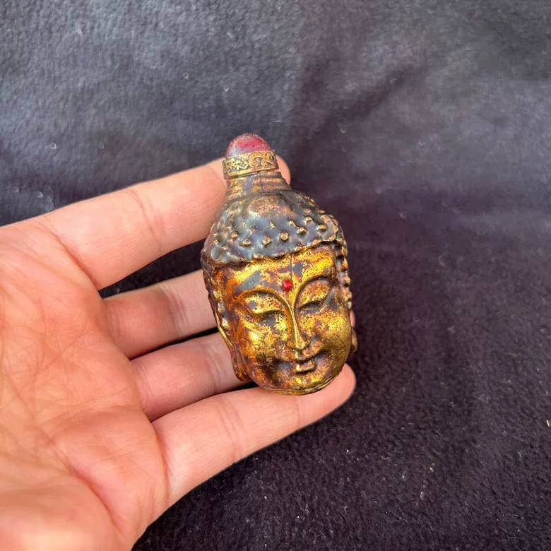 Collection Vintage Gilding Double-faced Buddha Head Snuff Bottle Small Handle