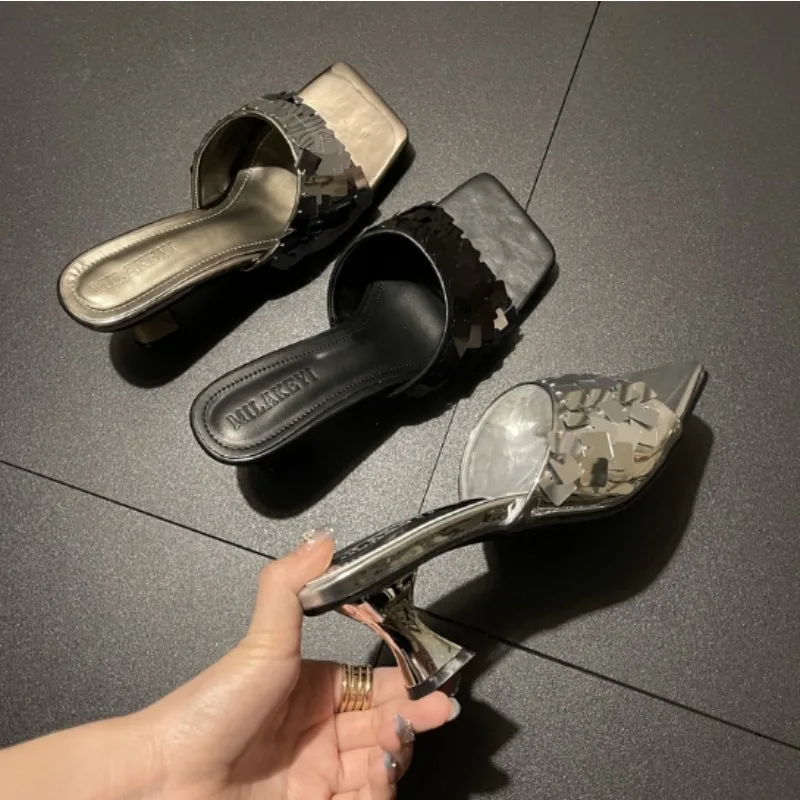 

New High Quality Cozy Silk Wide Square Toe Women Slippers Sandals Strange Heels Mules Slides Summer Party Dress Shoes Brown