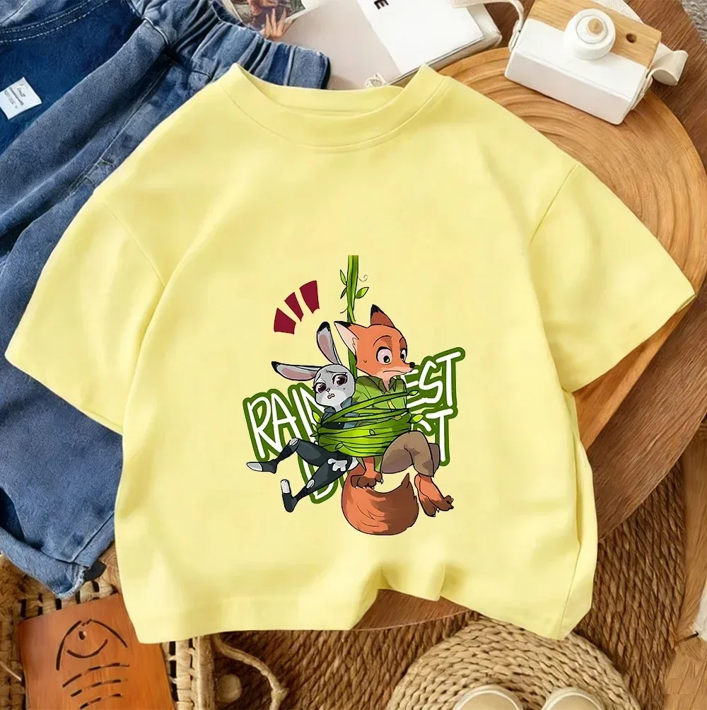 

Футболка с мультяшным принтом Zootopia, летняя модная уличная одежда 2026 года для мальчиков и девочек, милые повседневные детские топы с круглым вырезом в стиле Kawaii