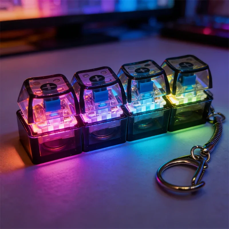 1Pcs Fidget Keyboard Toy with Light Stress Relief Transparent Cap LED Light Fidget Keyboard Finger Clicker Keychain