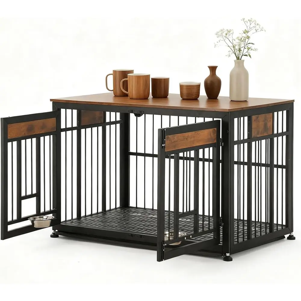 

Коричневый деревянный ящик для собак в деревенском стиле с регулируемыми мисками, именной биркой и торцевым столиком для больших собак (35–60 фунтов)