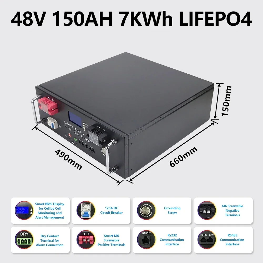 New 48V 150AH 100AH LiFePo4 Battery Built-in BMS Lithium Iron Phosphate Cell 7680Wh 6000 Cycle For RV Campers Golf Cart Solar