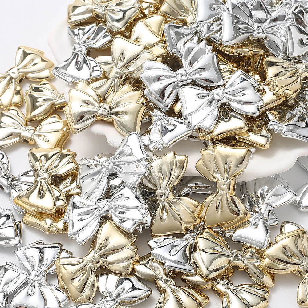 10Pcs 28x38mm Gold Silver Color Bow Bead Plastic CCB Spacer Beads For Craft Accessories DIY Necklace Bracelet Jewelry Making