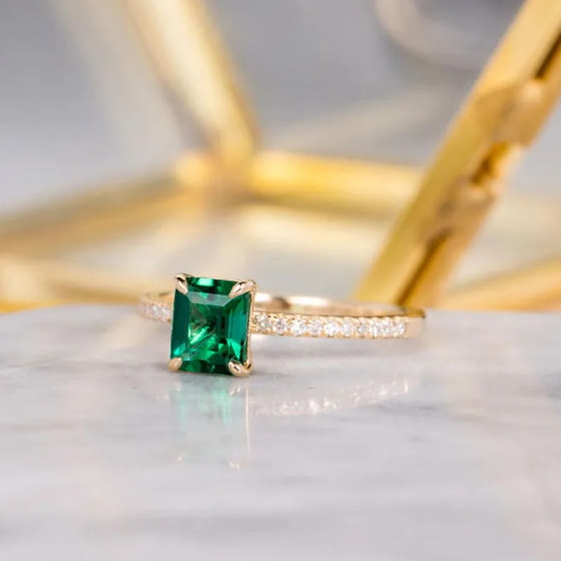 CxsJeremy 1ctw Lab Emerald 5*7mm Solitaire Emgagement Ring Solid 14K 585 Yellow Gold with Moissanite for Women Anniversary Gift