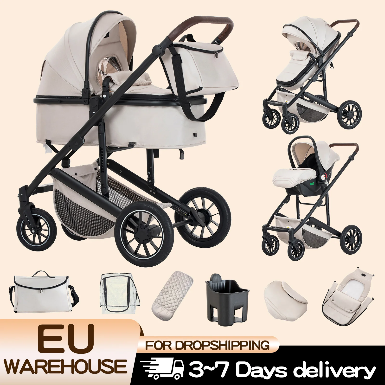 Poussette 3-en-1 pour bébé, pliable, avec siège inclinable, pour nouveau-né et tout-petit, système de voyage, nacelle et siège auto