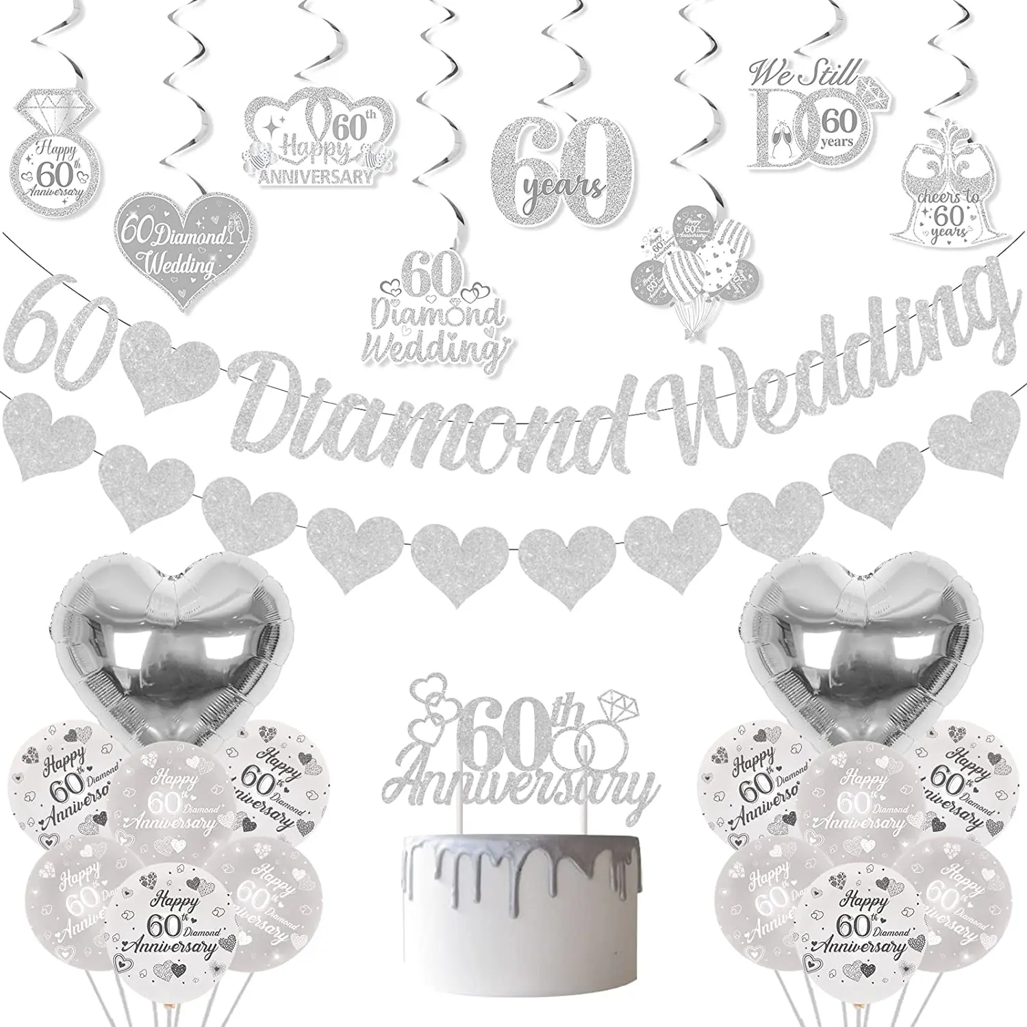 

60th Diamond Wedding Anniversary Silver Decorations with Heart-shaped Printing Balloon, Glitter Love Banner and Hanging Swirls